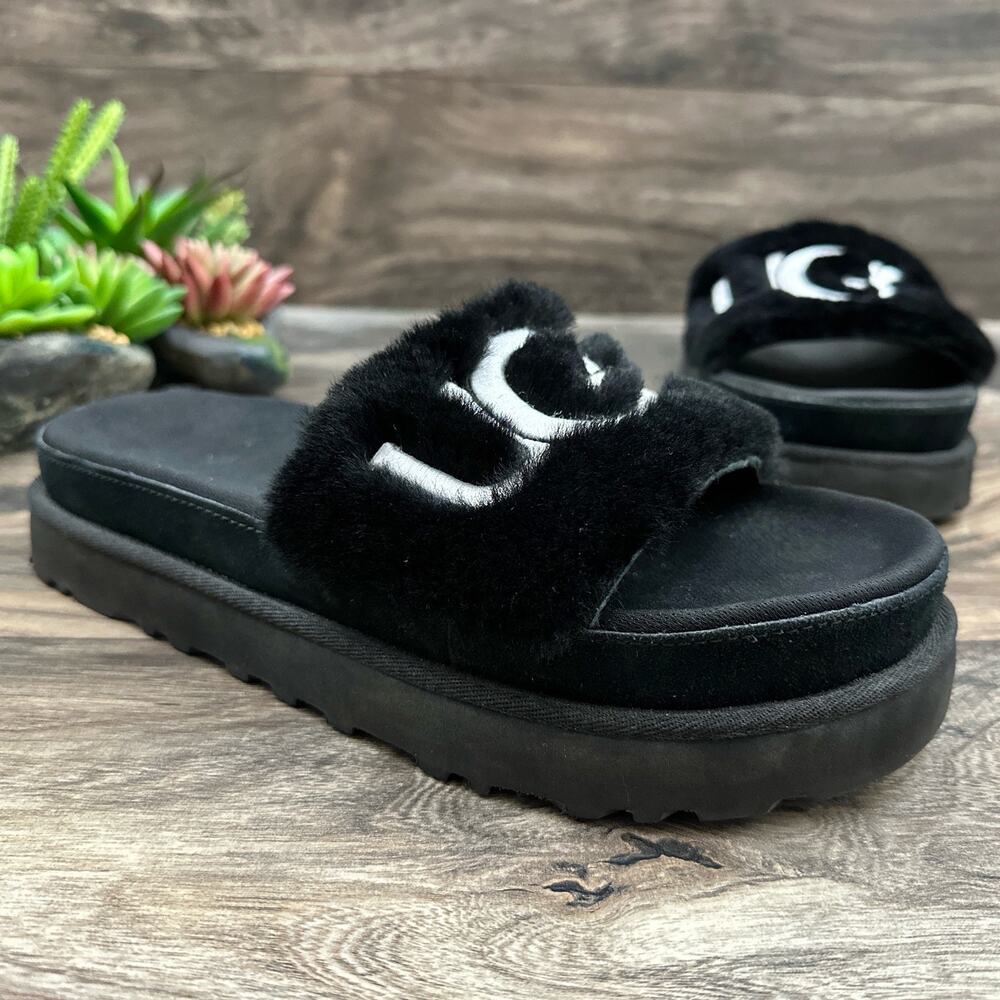 UGG Laton Fur Platform Slide Sandals Black Sheepskin 8 39 - Picture 5 of 12
